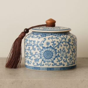 Floral Blue & White Ceramic Tea Jar
