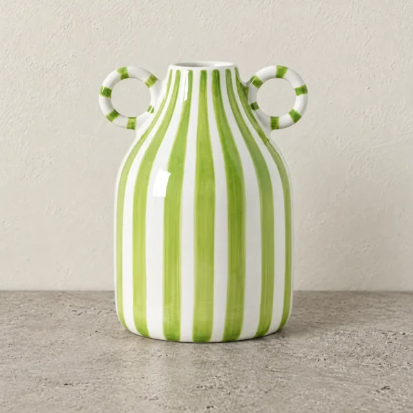 small lime green striped vase with handles